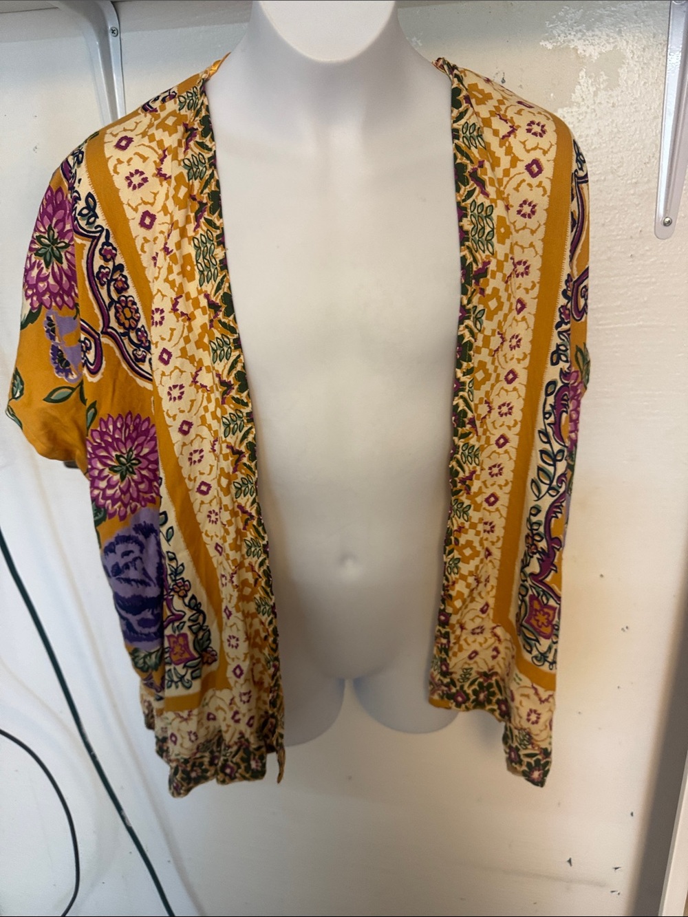Boho Floral Open Front Kimono - Mustard & Purple